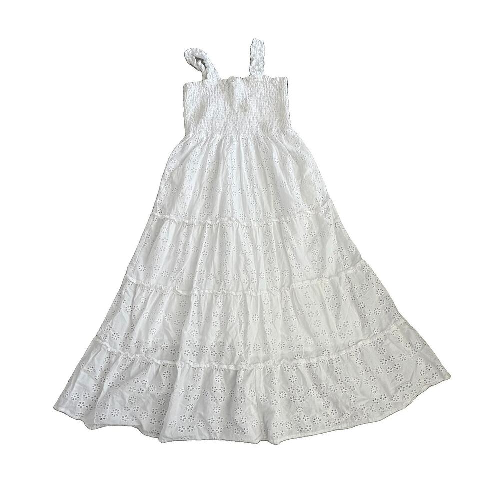 Quince 100% Organic Cotton Eyelet Smocked Midi Dress White Sz M EUC
